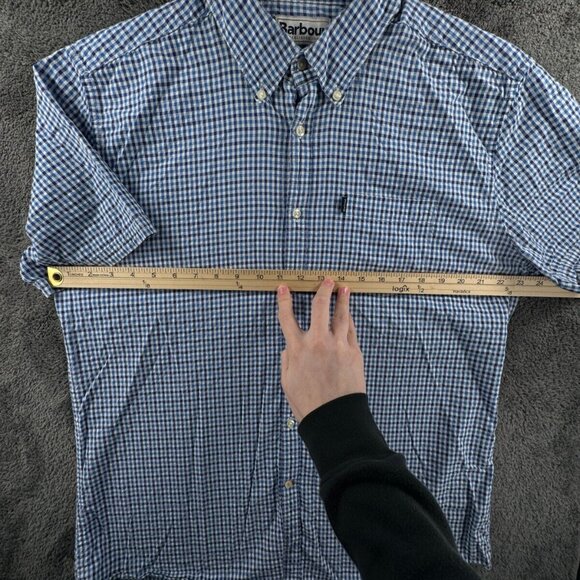 Barbour Short Sleeve Button Up Shirt Blue Check Tailored Fit Large US W/ Logo - Picture 5 of 10